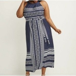 Lane Bryant Womens Maxi Dress  Sleeveless Tie Waist Printed Blue 18/20